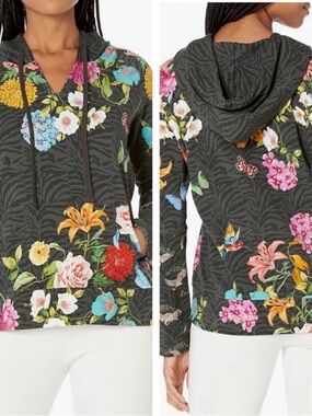 Johnny Was Blooming Breeze Pullover Hoodie Sweatshirt Grey Floral Top Medium